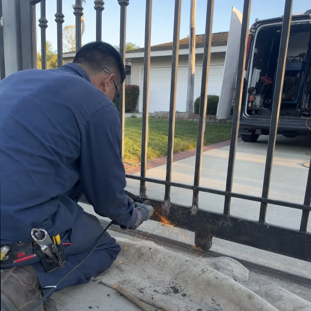 Technician using an angle grinder to perform metal driveway gate repair