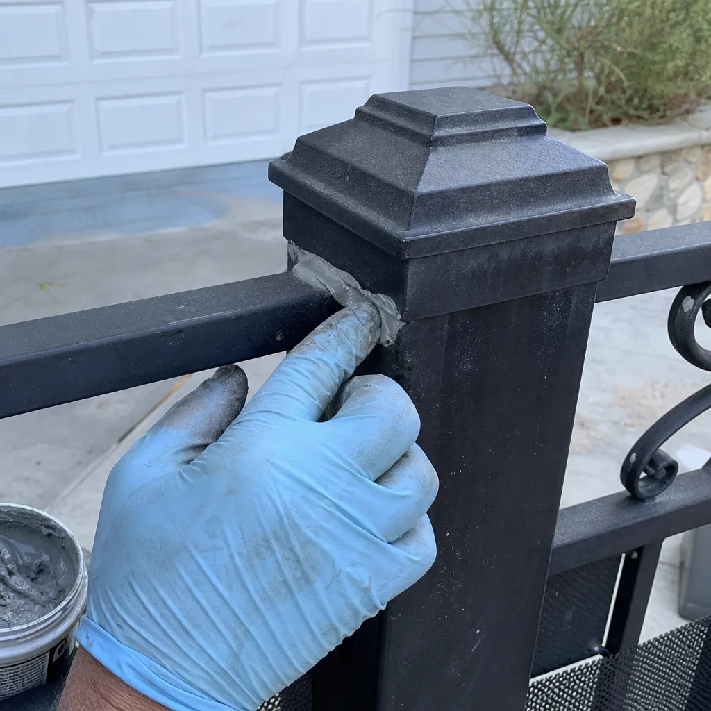 professional applying metal epoxy filler during a residential gate repair service